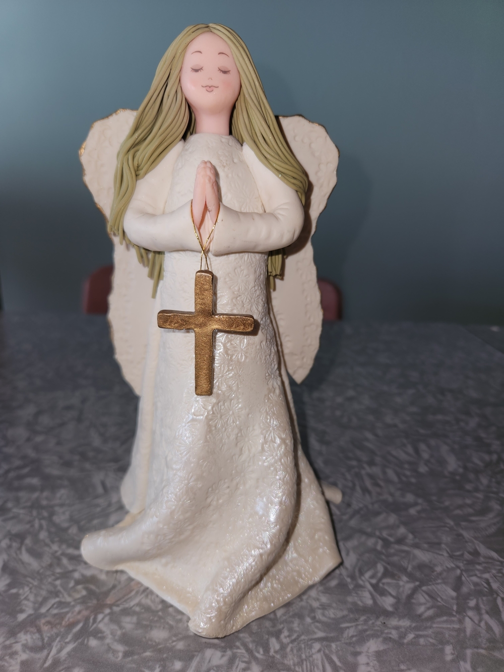 Praying Kneeded  Angel Figurine with Gold Cross